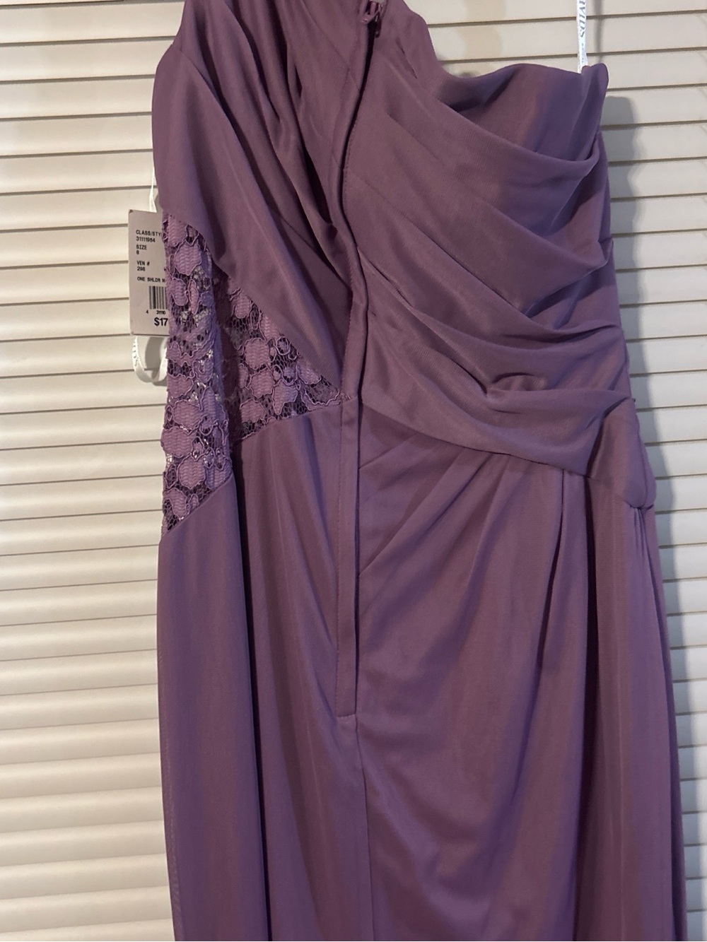 David's Bridal One-Shoulder Mauve Evening Gown Length is 60” strap to bottom - Picture 6 of 7